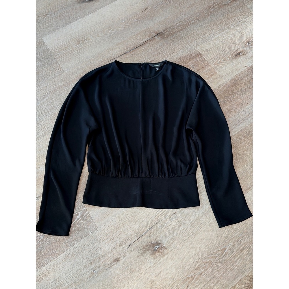 Express Black Long Sleeve Smocked Back Blouse Pleated Round Neck Top Small
